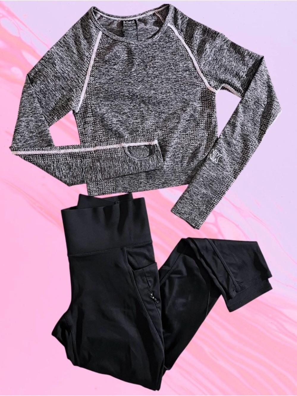 Active Workout Set VS PINK Long Sleeve Active Crop Top & FLX Black Leggings (XS)